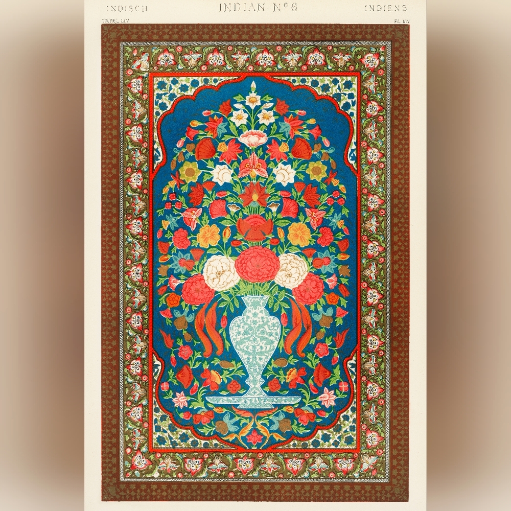 Floral Tapestry Art Print Blue and Red